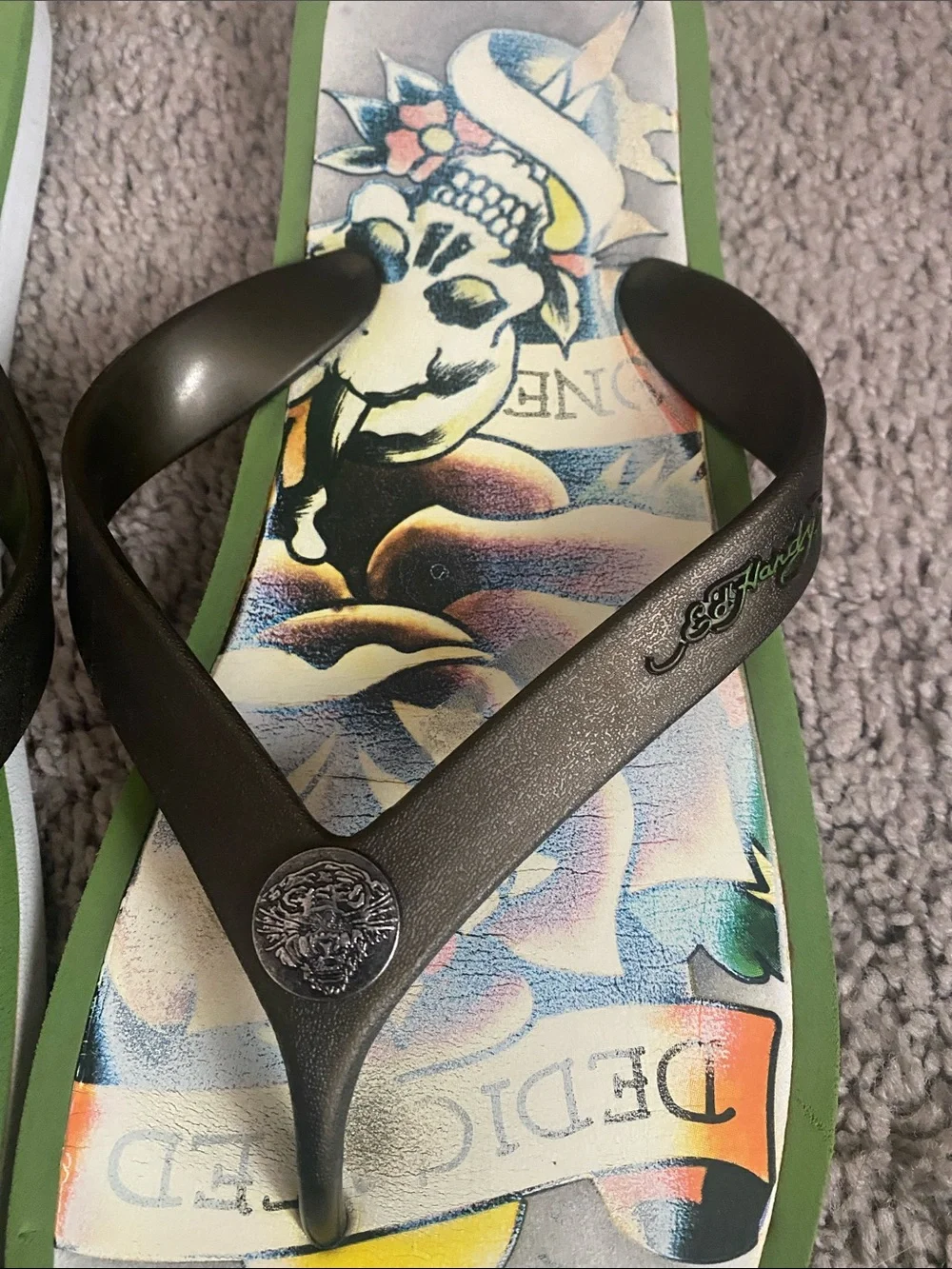 Vintage Ed Hardy Tattoo-Print Flip Flops in Green and Black
